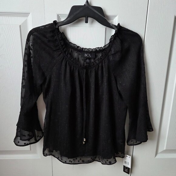 NWT BCX Juniors Round-Neck Sheer Flare-Sleeve Blouse XS - Picture 1 of 10